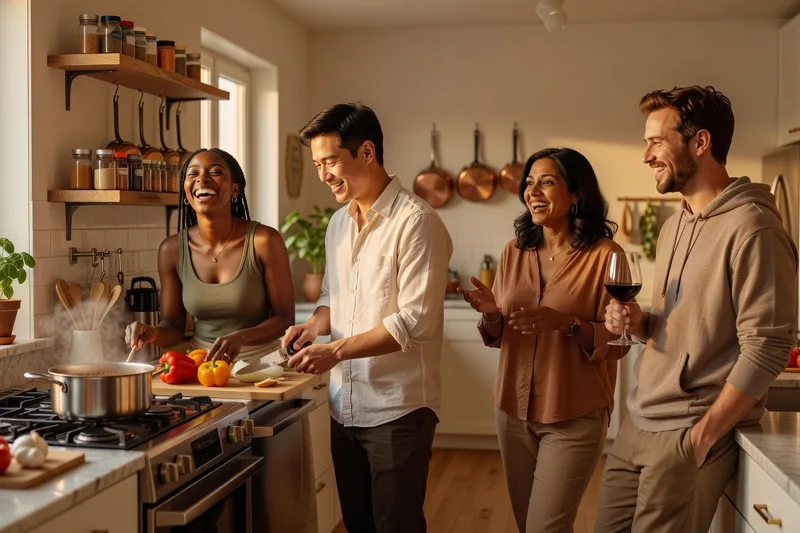 Un repas partagé dans une cuisine de colocation internationale.