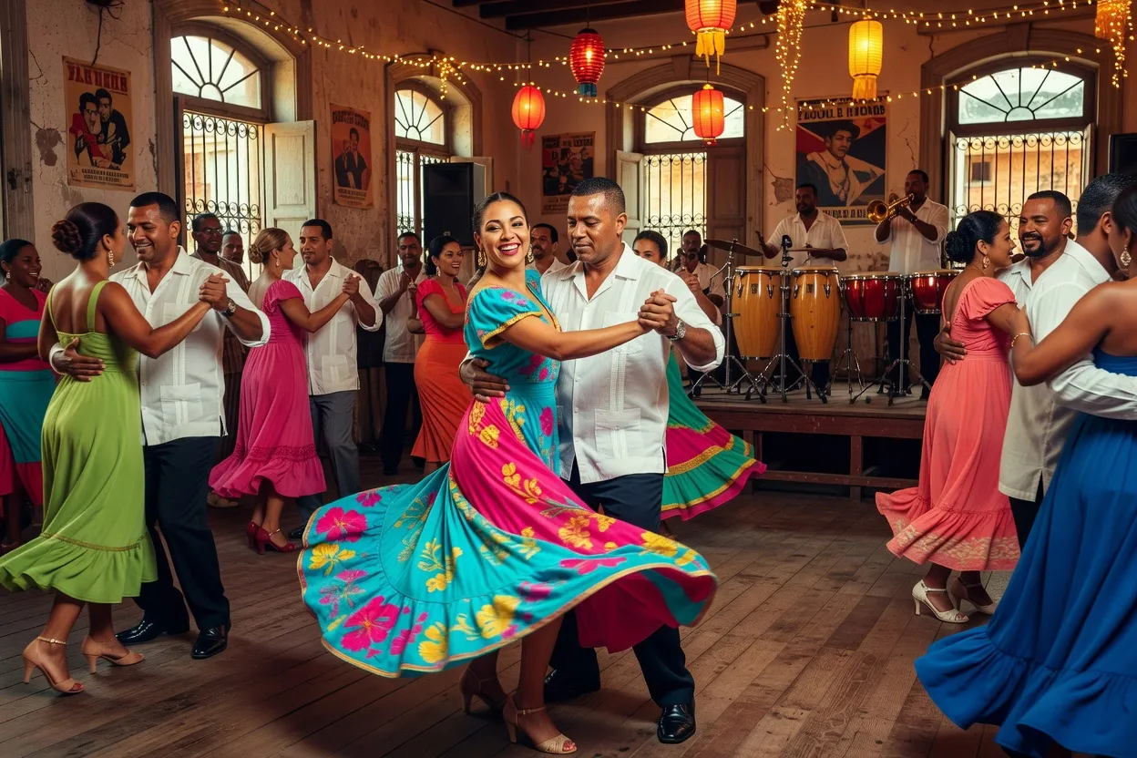 Couple dansant le tango dans une milonga traditionnelle de Buenos Aires, éclairage tamisé et parquet ancien