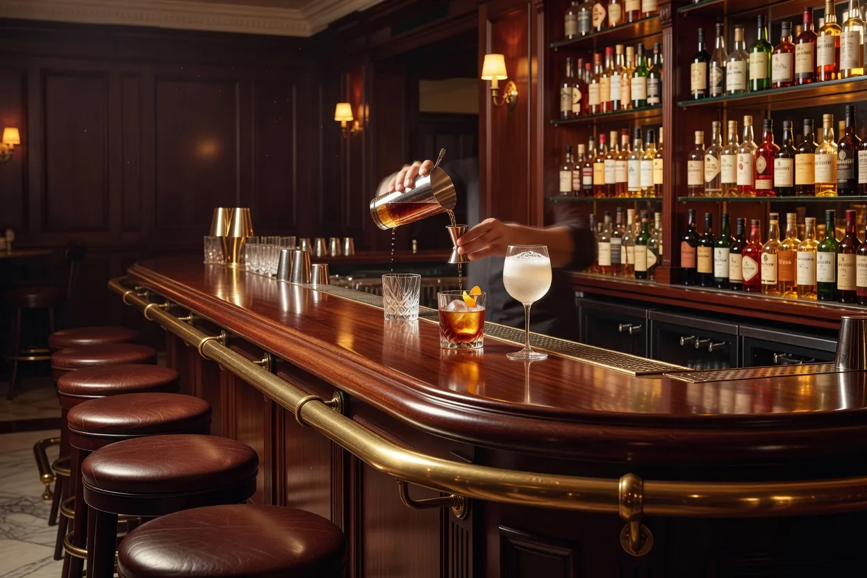 Voyageur assis au comptoir d'un bar d'hôtel élégant, discutant avec le barman