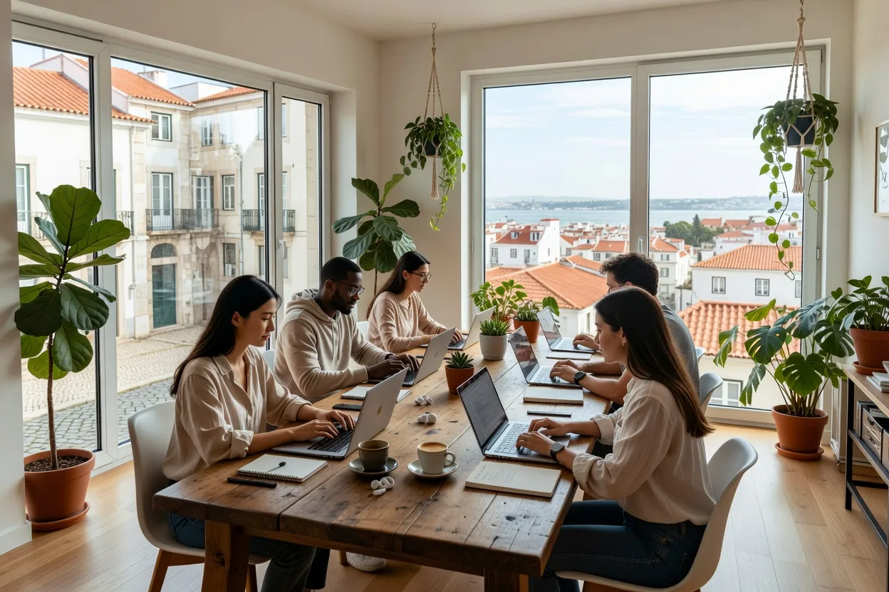 Nomades digitaux travaillant et discutant autour d'une grande table dans un espace de coworking lumineux