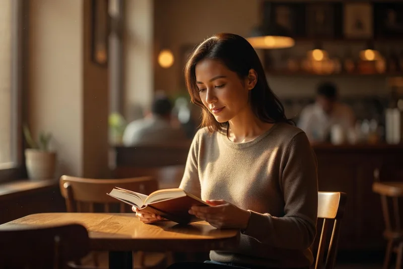Un moment de lecture tranquille dans un café de quartier.