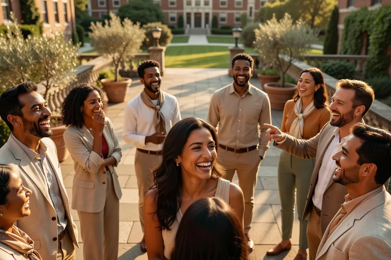 Un groupe d'étudiants internationaux sur un campus ensoleillé.