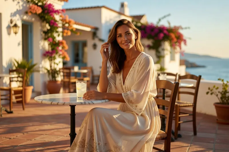 Une terrasse méditerranéenne au coucher du soleil, cadre propice à la rencontre.