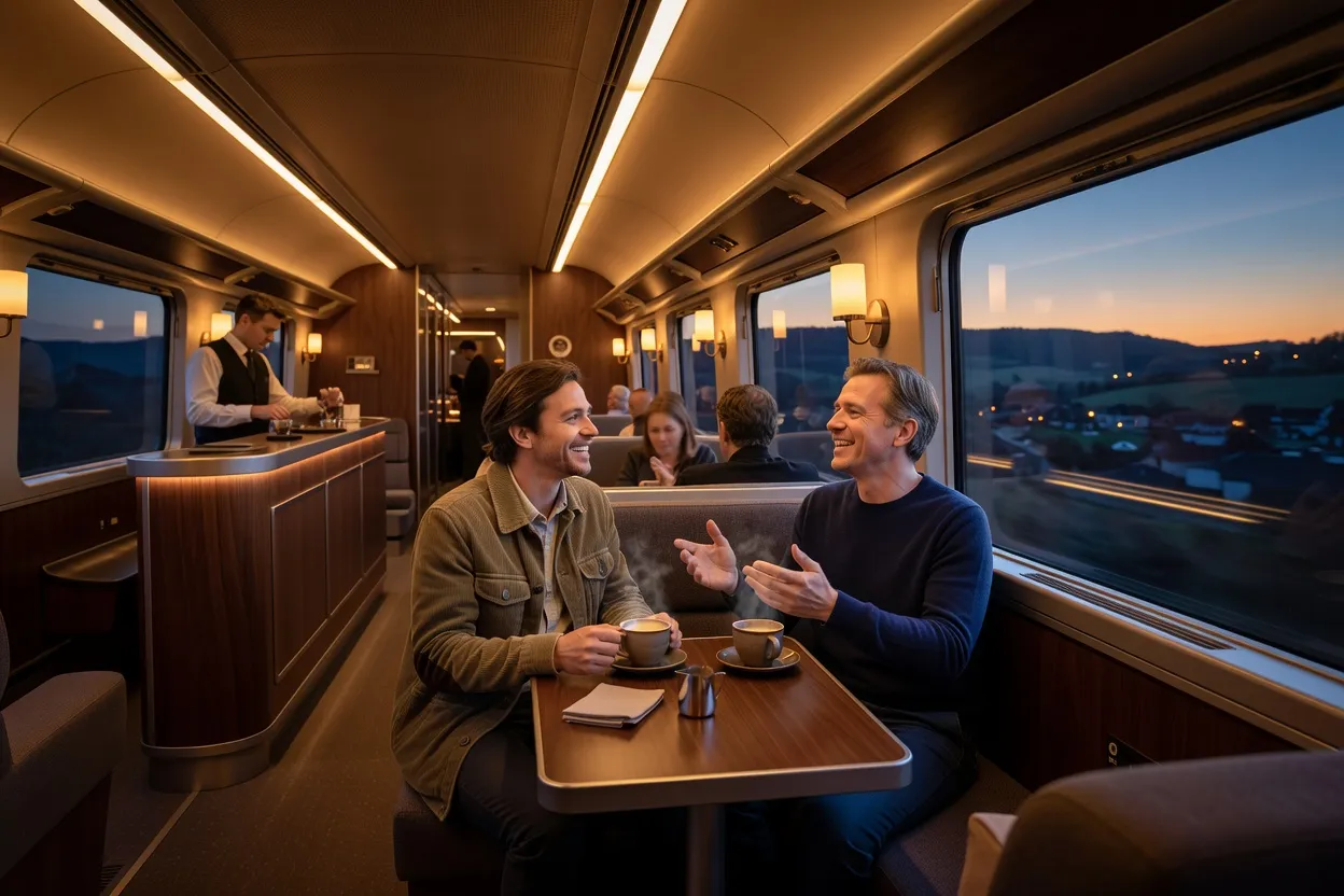 Intérieur d'une voiture couchette Nightjet avec ambiance tamisée propice aux rencontres