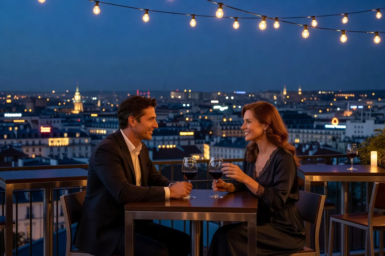 Rooftop d'hôtel au coucher du soleil avec voyageurs discutant autour de cocktails