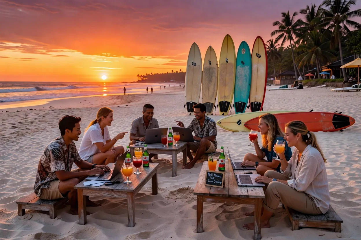 Petit groupe de voyageurs travaillant à distance lors d'un dîner de workation avec ordinateurs fermés