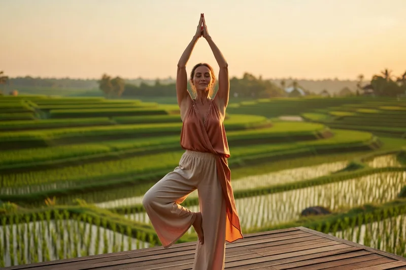 Une séance de yoga sur une terrasse surplombant les rizières d'Ubud.