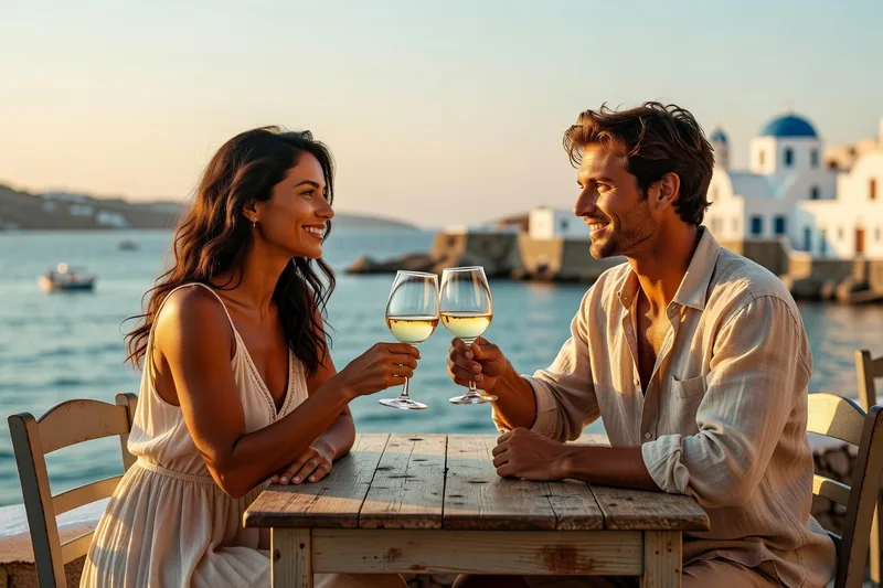 Un moment partagé dans une taverne au bord de l'eau à Mykonos.