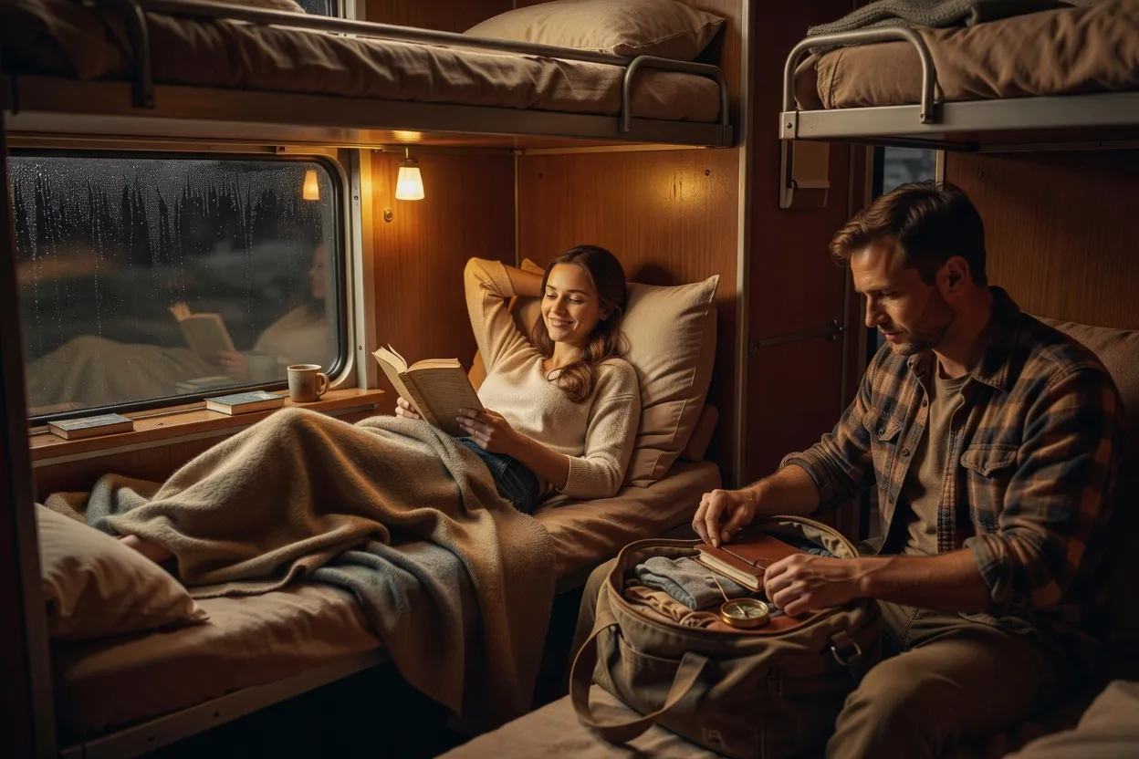 Ambiance chaleureuse de la voiture-bar d'un train de nuit européen la nuit
